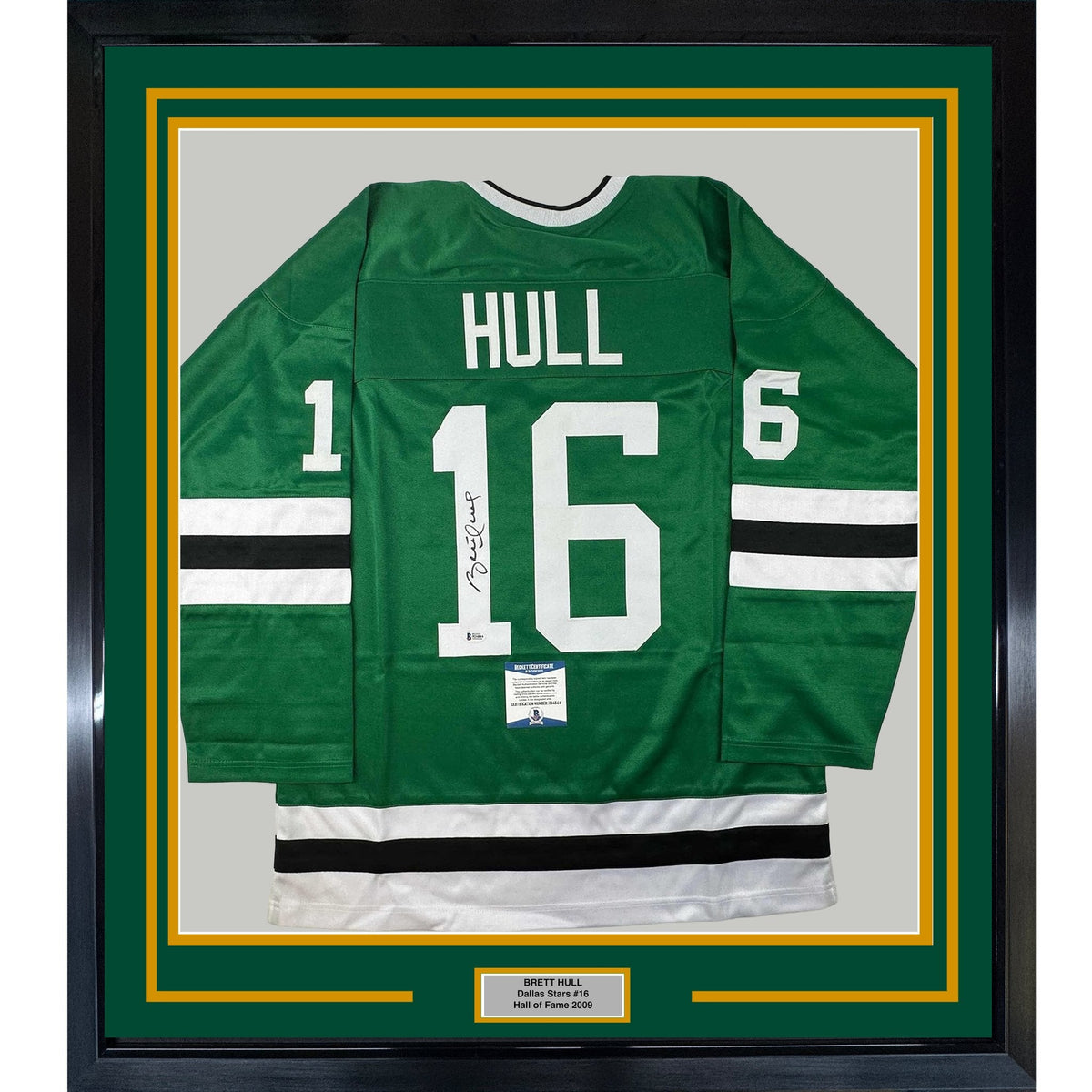 Framed Autographed/Signed Brett Hull 35x39 Dallas Green Hockey Jersey Beckett BAS COA