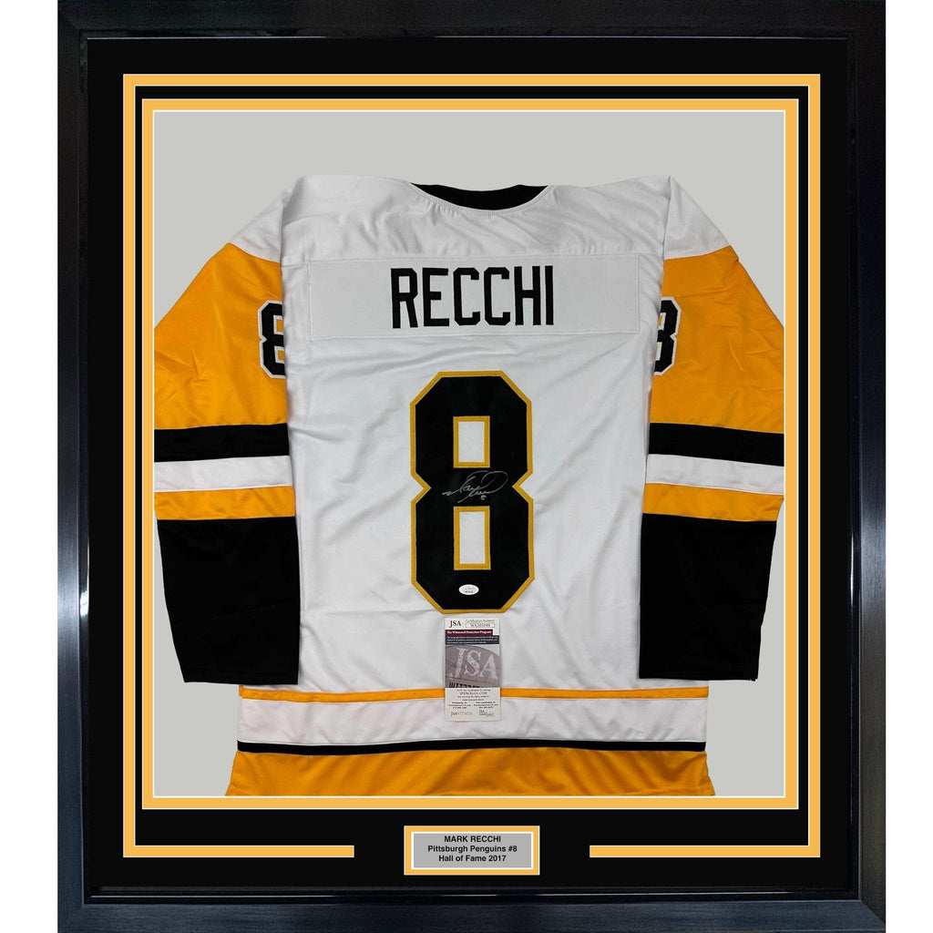 Framed Autographed/Signed Mark Recchi 35x39 Pittsburgh White Hockey Jersey JSA COA