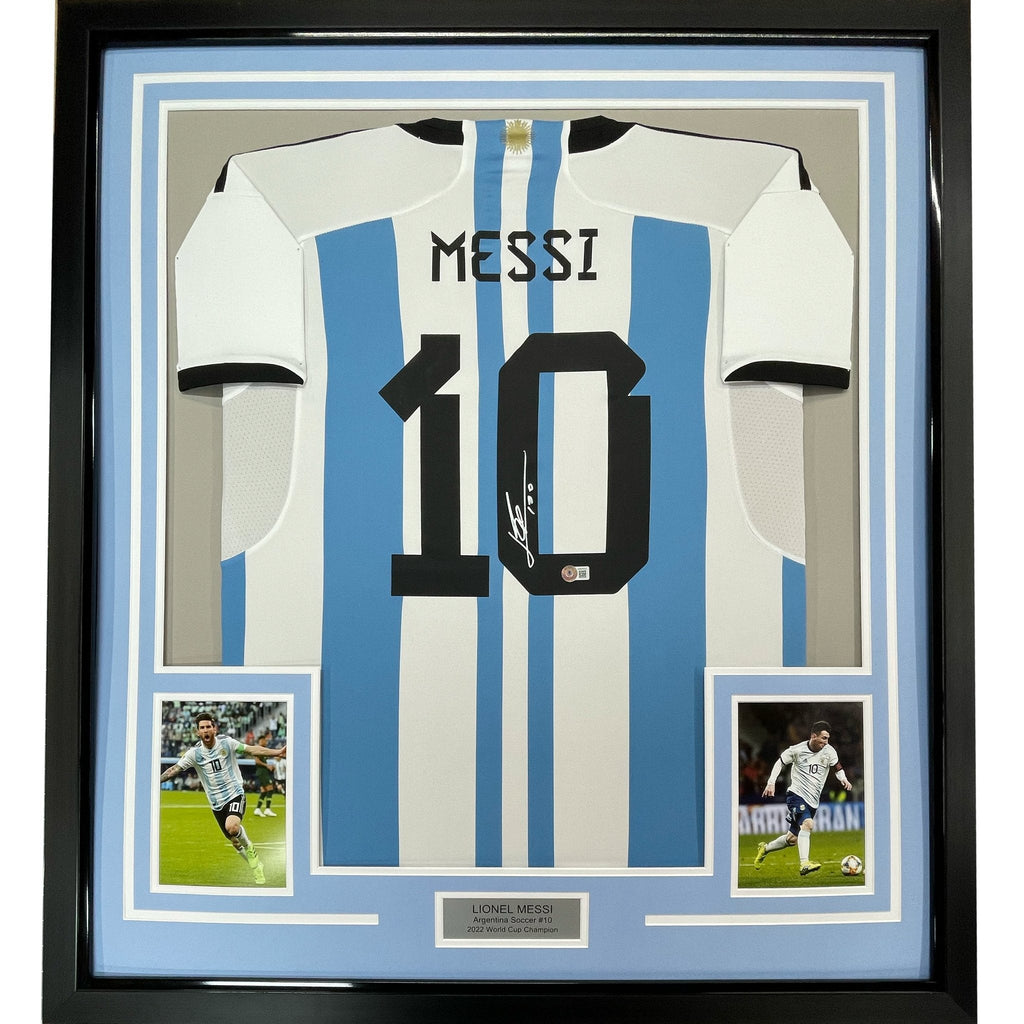 Framed Autographed/Signed Lionel Leo Messi 35x39 Argentina Blue Soccer Jersey Beckett BAS COA