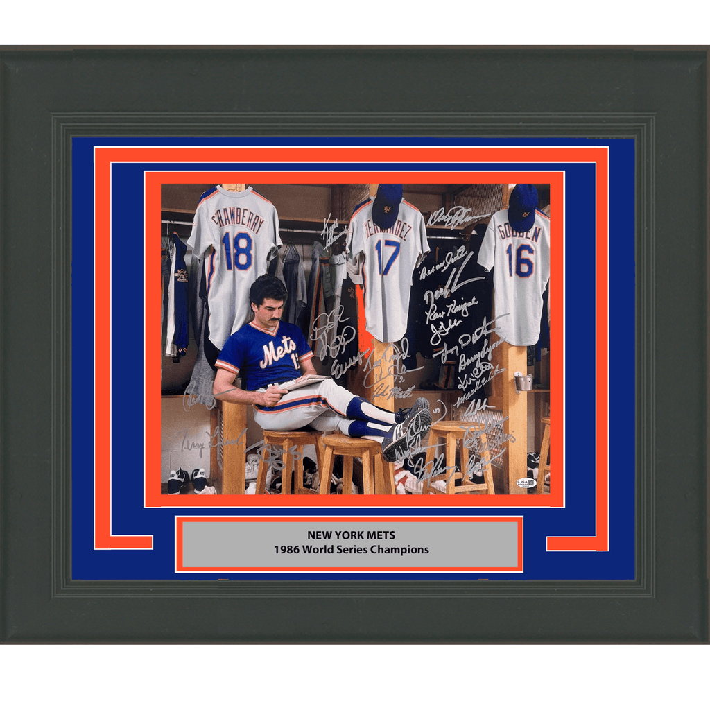 Framed Autographed/Signed 1986 New York Mets Team 26x Sigs World Series Champions 16x20 Baseball Photo JSA COA