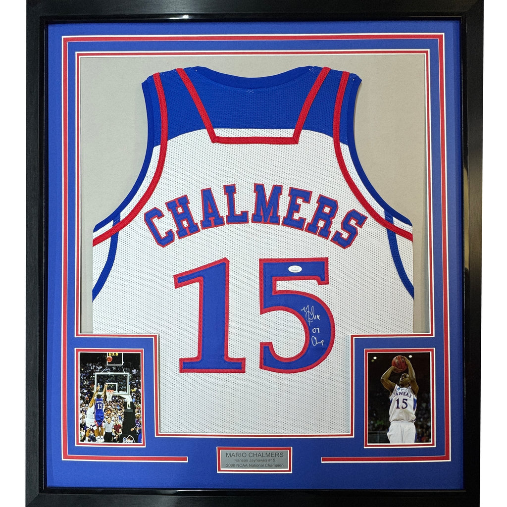 Framed Autographed/Signed Mario Chalmers 35x39 Kansas White College Basketball Jersey JSA COA
