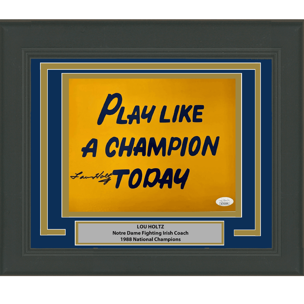 Framed Autographed/Signed Lou Holtz Play Like A Champion Today Notre Dame Irish 8x10 College Football Photo JSA COA