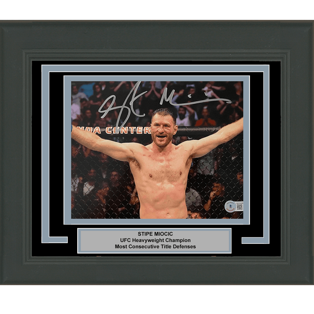 Framed Autographed/Signed Stipe Miocic UFC MMA Black Fighting 8x10 Photo Beckett BAS COA