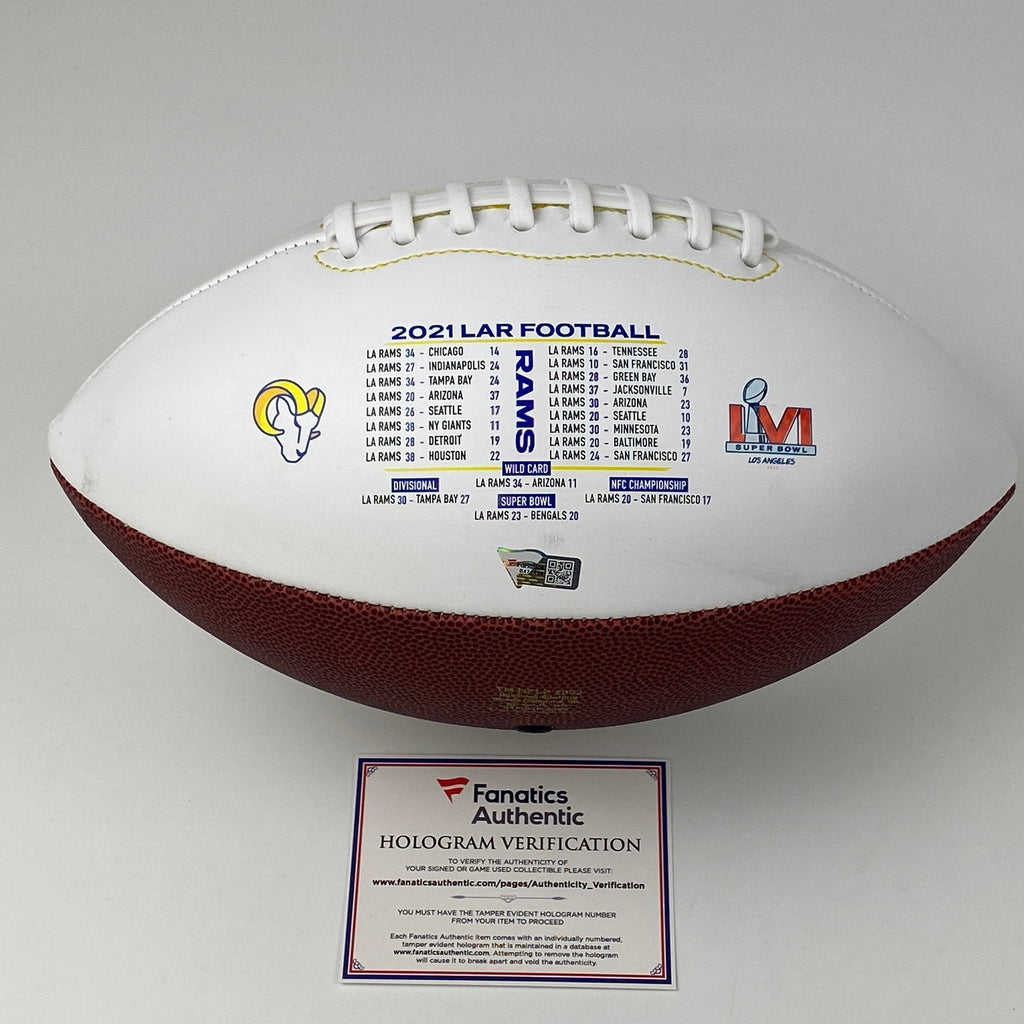 Autographed/Signed Cooper Kupp Super Bowl LVI Champions Los Angeles Rams Full Size FS F/S White Panel Logo Football Fanatics COA