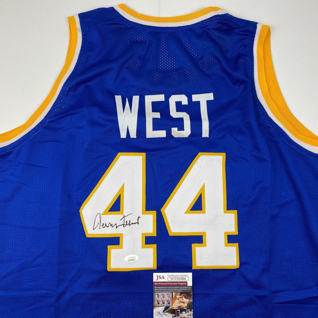 Autographed/Signed Jerry West West Virginia Blue College Basketball Jersey JSA COA