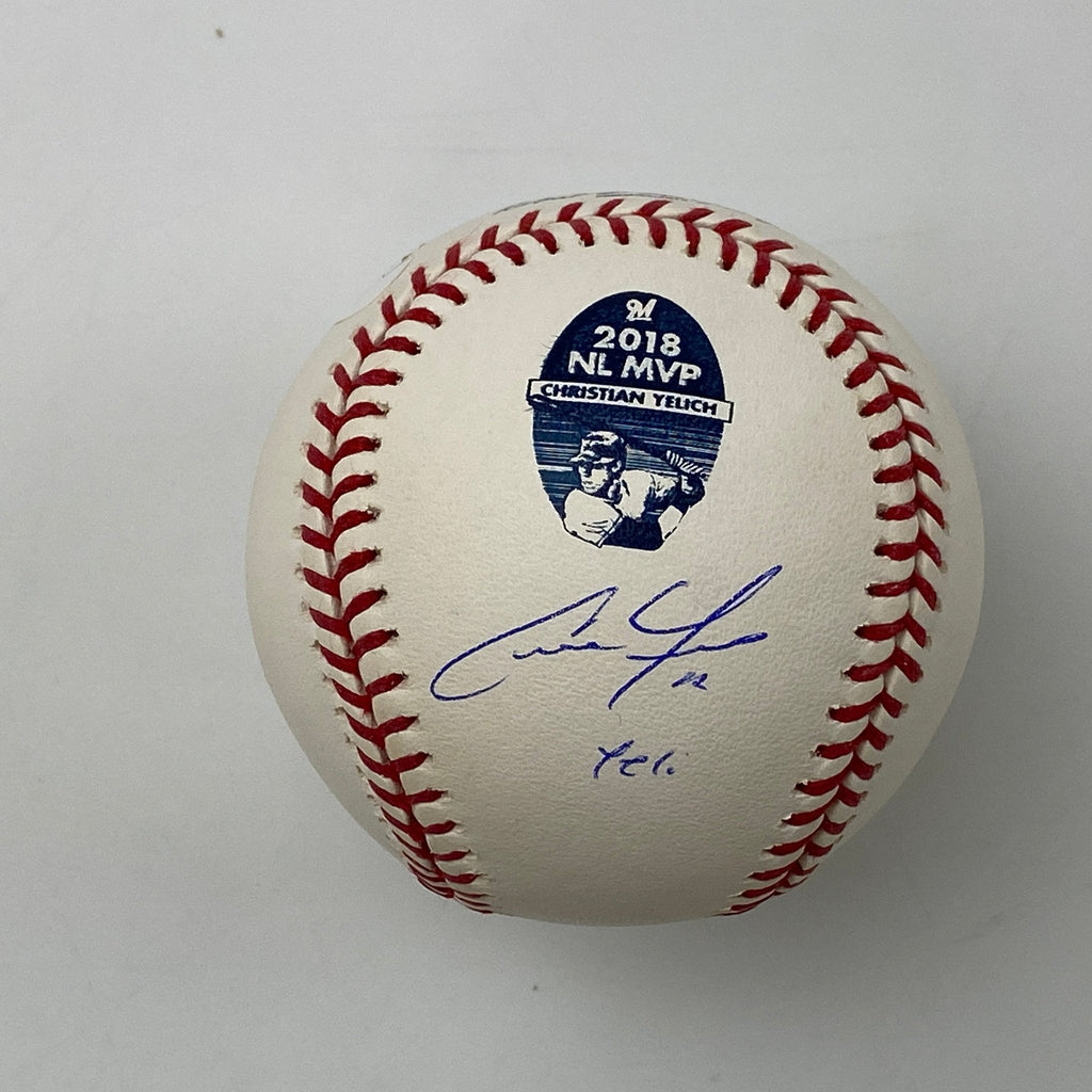 Autographed/Signed Christian Yelich Yeli 2018 NL MVP Rawlings Official Major League Baseball ROML JSA COA