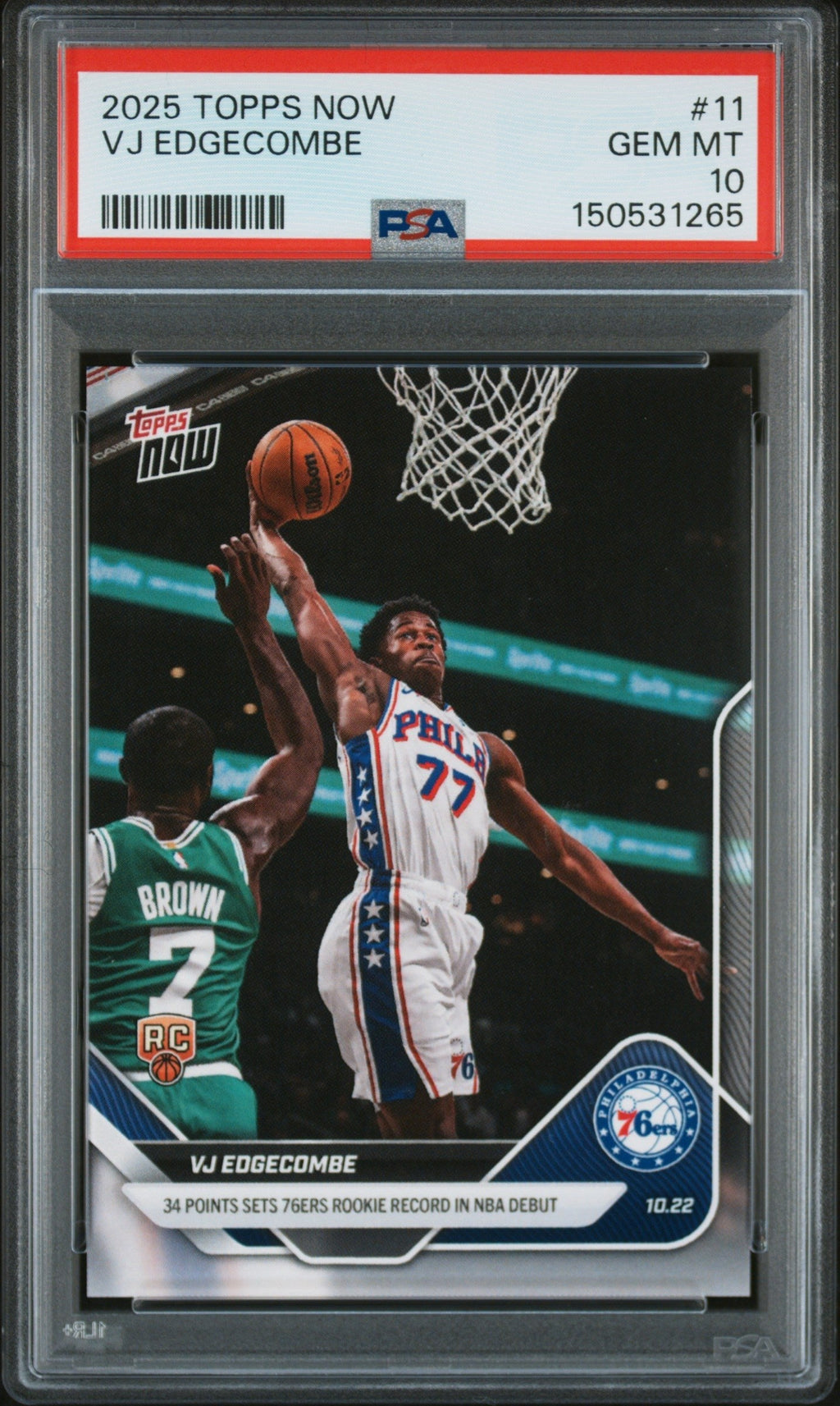 Graded 2025 Topps Now VJ Edgecombe #11 Rookie RC Basketball Card PSA 10 Gem Mint
