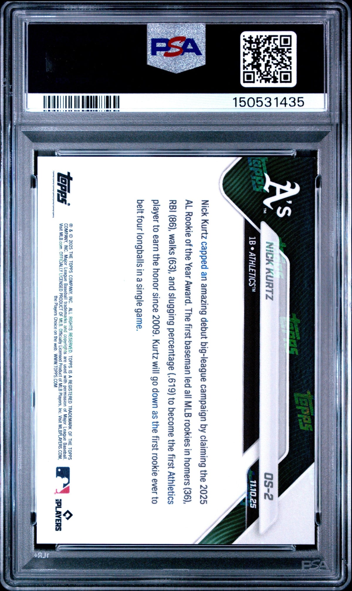 Graded 2025 Topps Now Nick Kurtz #OS2 Offseason Rookie RC Baseball Card PSA 10 Gem Mint