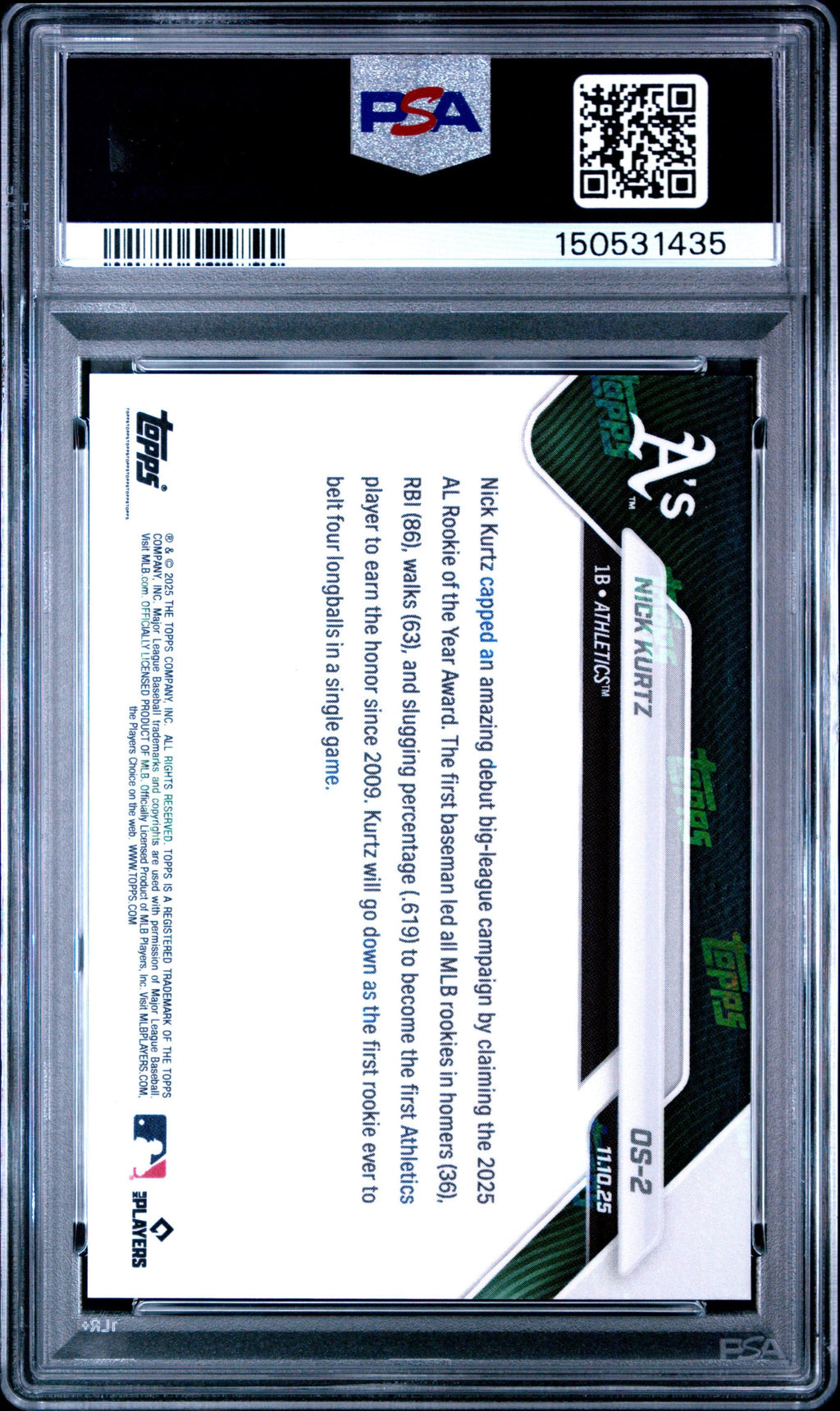 Graded 2025 Topps Now Nick Kurtz #OS2 Offseason Rookie RC Baseball Card PSA 10 Gem Mint