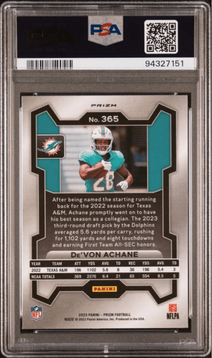 Graded 2023 Panini Prizm Devon Achane #365 Neon Green Pulsar Rookie RC Football Card PSA 10 Gem Mint