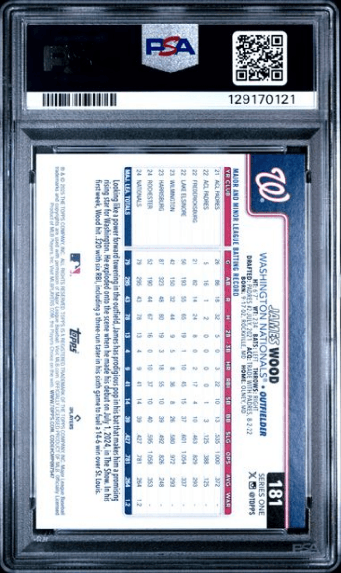 Graded 2025 Topps James Wood #181 Rookie RC Baseball Card PSA 10 Gem Mint