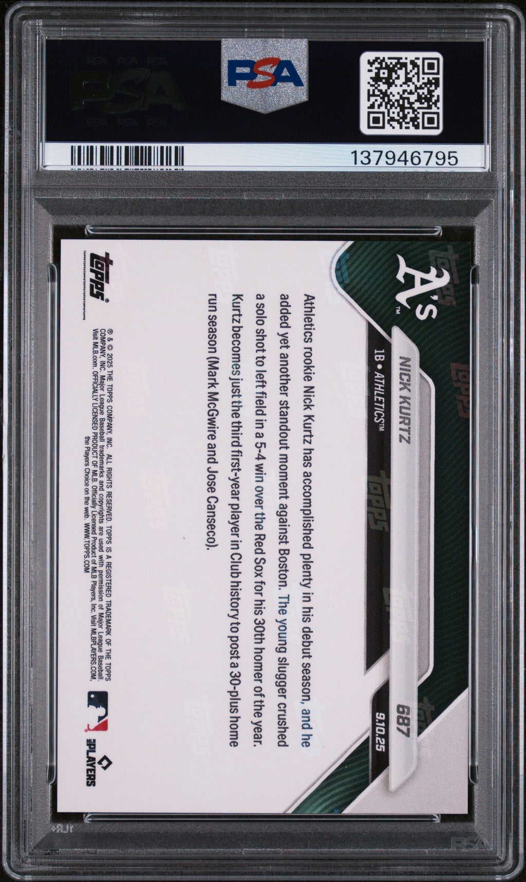 Graded 2025 Topps Now Nick Kurtz #687 Rookie RC Baseball Card PSA 10 Gem Mint
