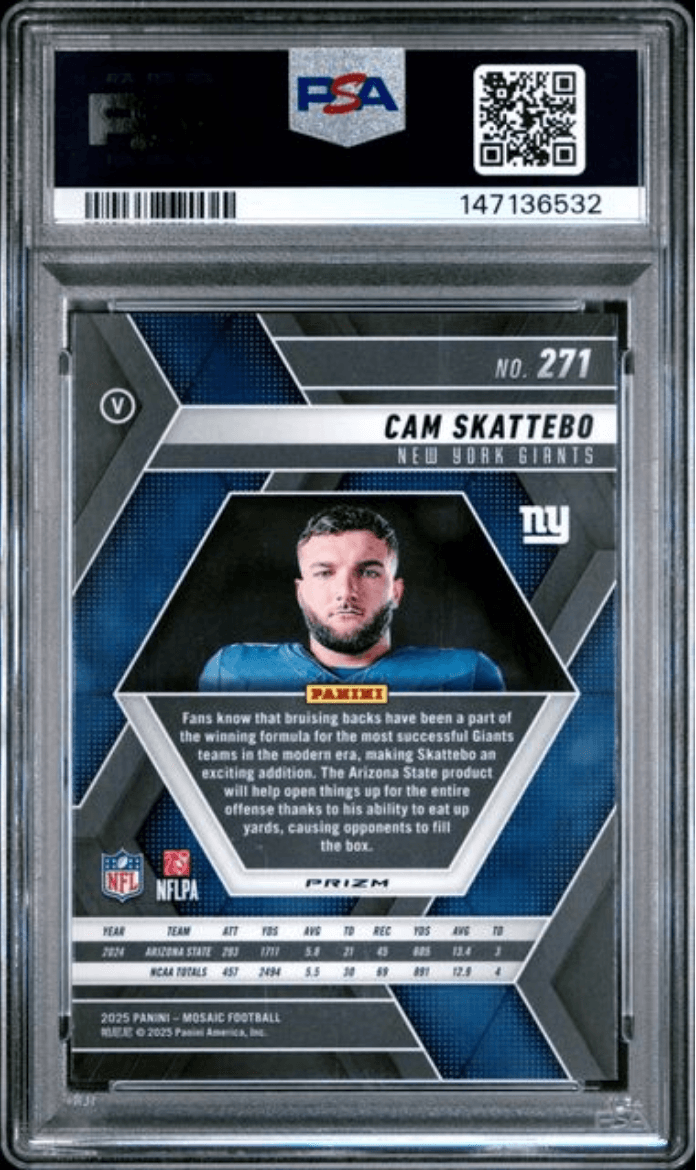 Graded 2025 Panini Mosaic Cam Skattebo #271 Green Rookie RC Football Card PSA 10 Gem Mint