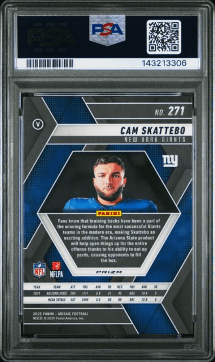Graded 2025 Panini Mosaic Cam Skattebo #271 Reactive Blue Rookie RC Football Card PSA 10 Gem Mint