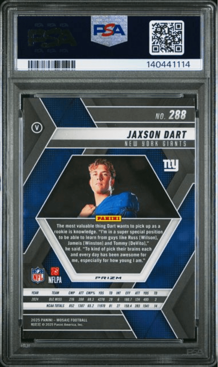 Graded 2025 Panini Mosaic Jaxson Dart #288 Silver Rookie RC Football Card PSA 10 Gem Mint