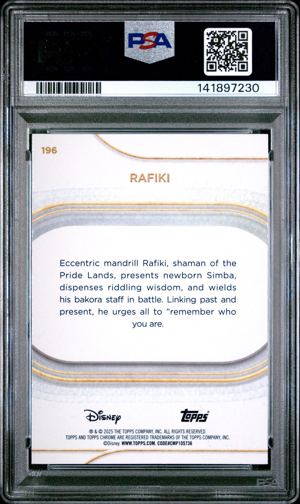 Graded 2025 Topps Chrome Disney Rafiki #196 Pink Refractor #/250 The Lion King Live Action Trading Card PSA 10 Gem Mint