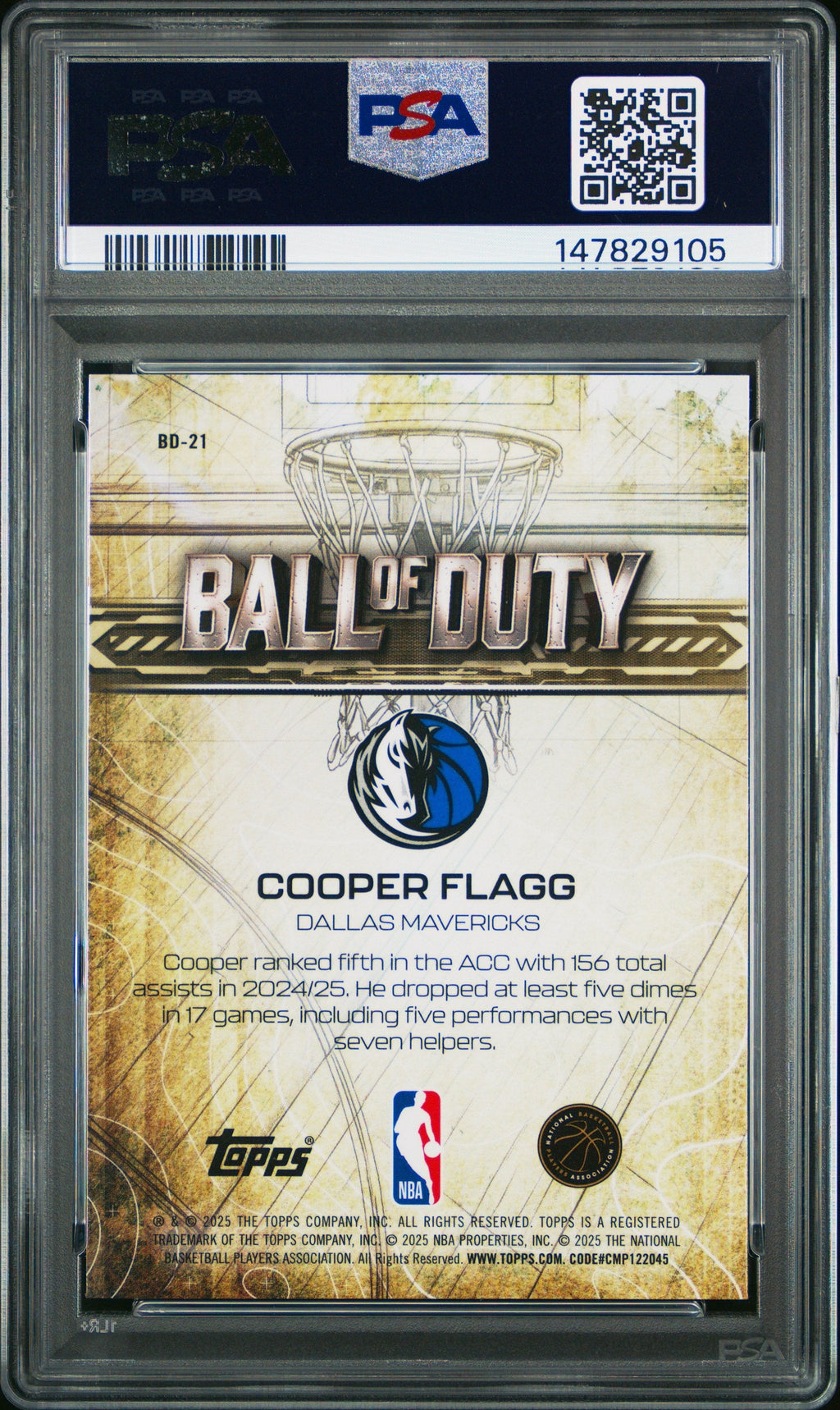 Graded 2025 Topps Chrome Cooper Flagg #BD21 Ball of Duty Rookie RC Basketball Card PSA 10 Gem Mint
