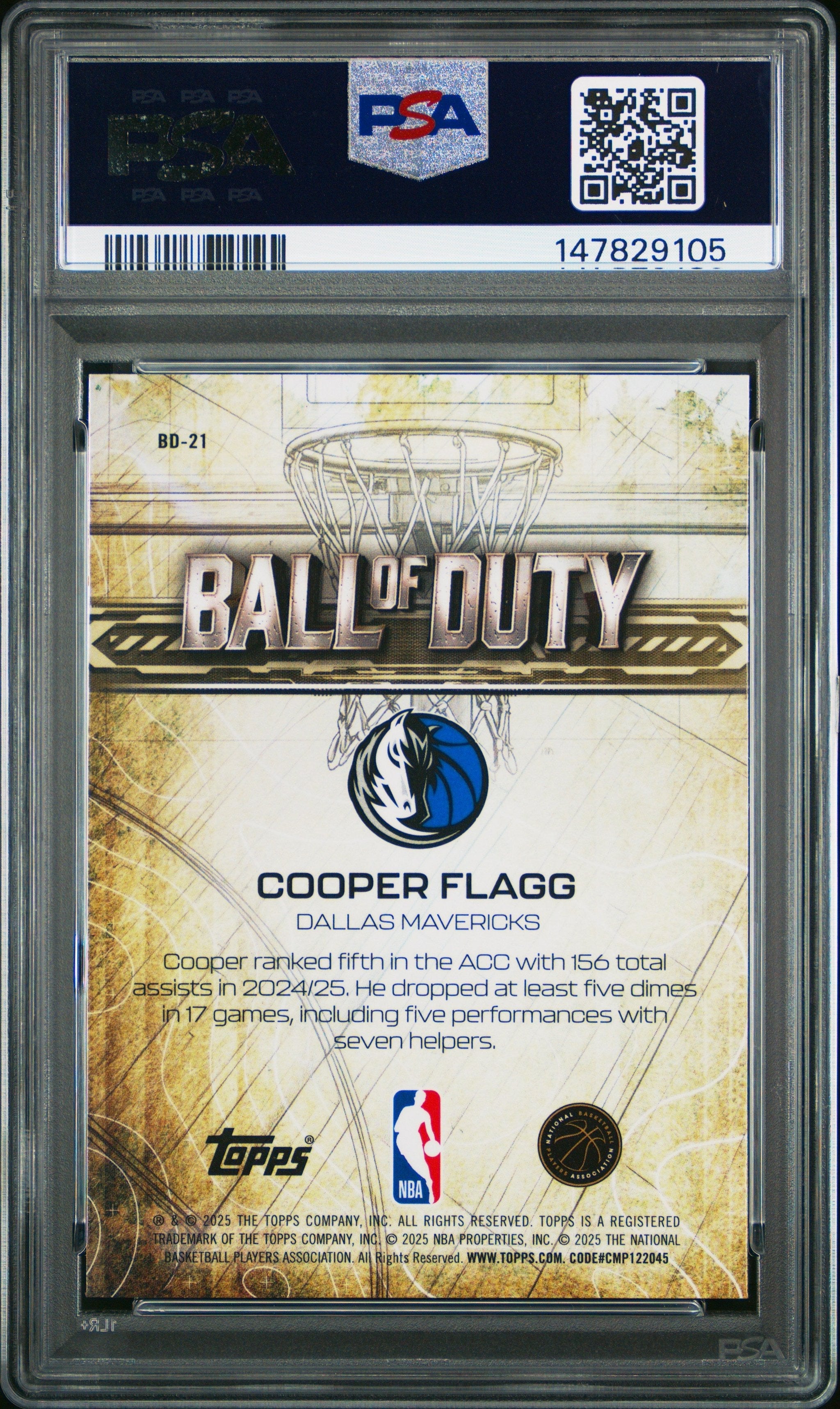 Graded 2025 Topps Chrome Cooper Flagg #BD21 Ball of Duty Rookie RC Basketball Card PSA 10 Gem Mint
