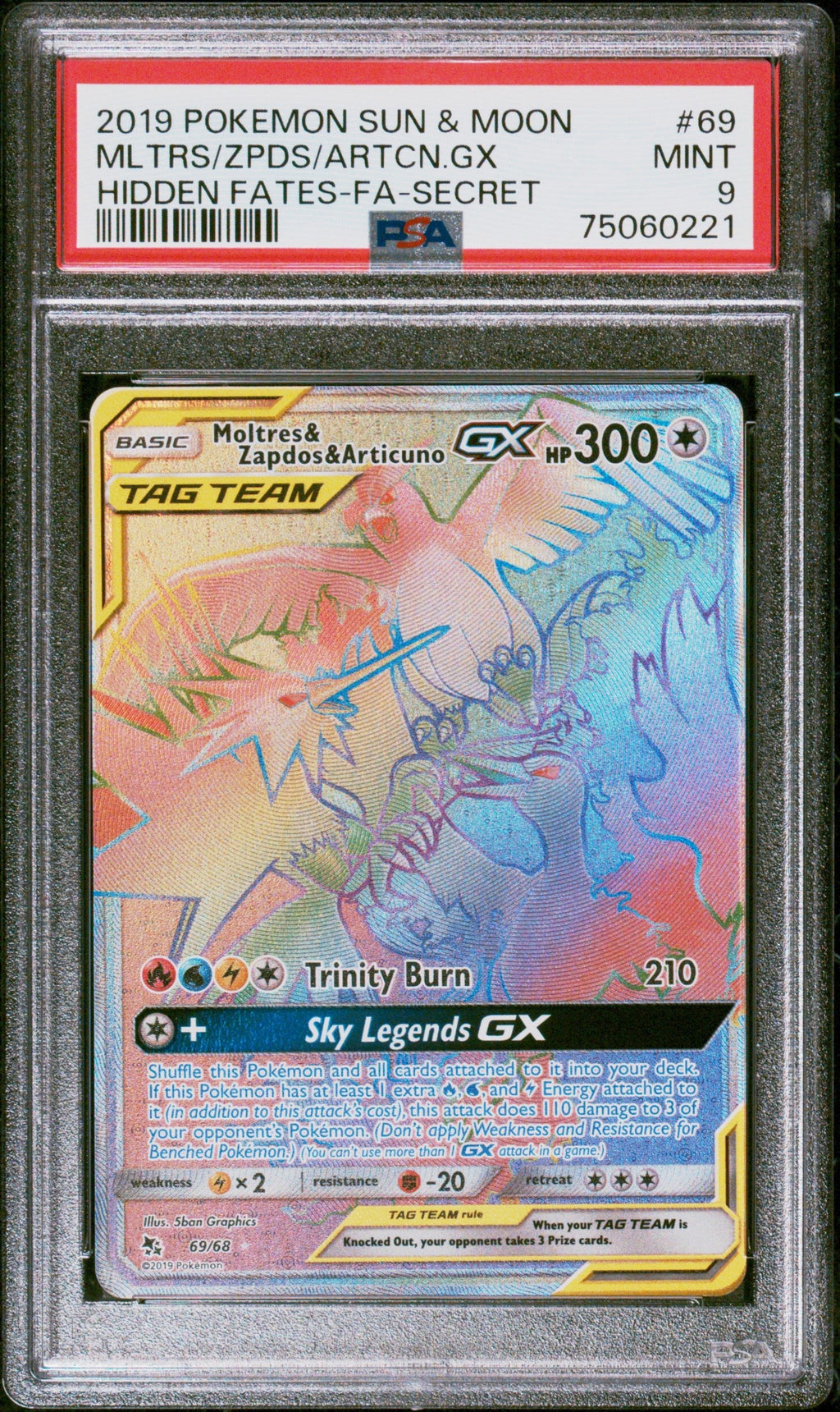 Graded 2019 PKM Sun & Moon Moltres/Zapdos/Articuno GX #69 Hidden Fates Trading Card Game PSA 9 Mint