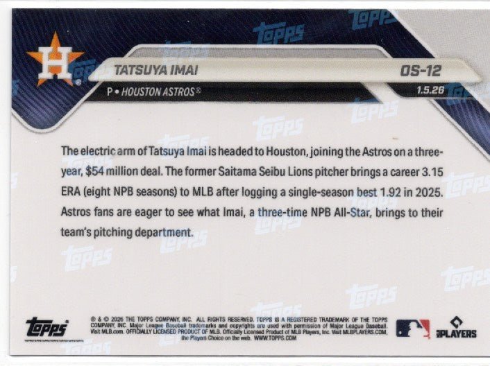 2025 Topps Now Tatsuya Imai #OS12 Orange Foil /25 Houston Astros Rookie RC Baseball Card