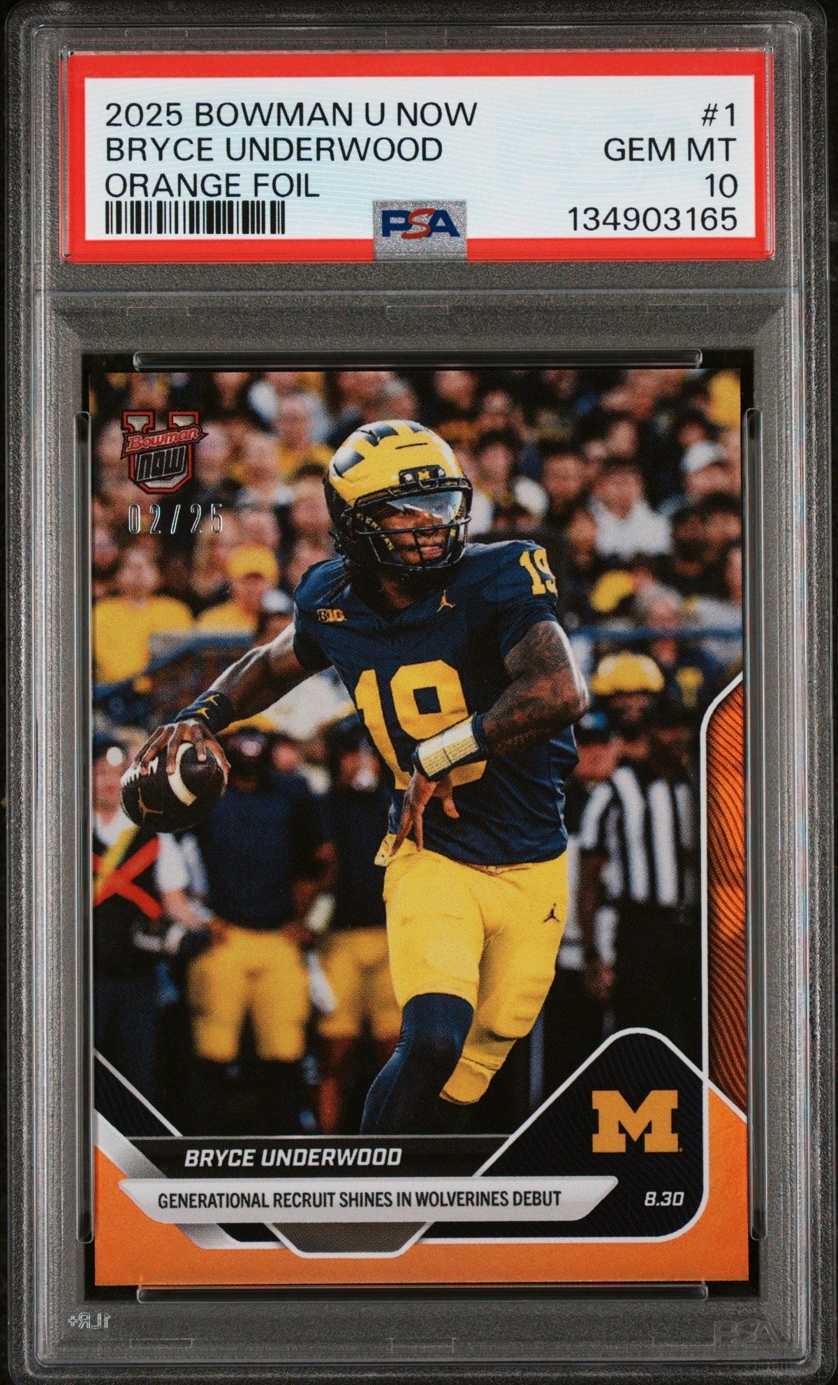 Graded 2025 Topps Bowman U Now Bryce Underwood #1 Orange Foil /25 Rookie RC Football Card PSA 10 Gem Mint