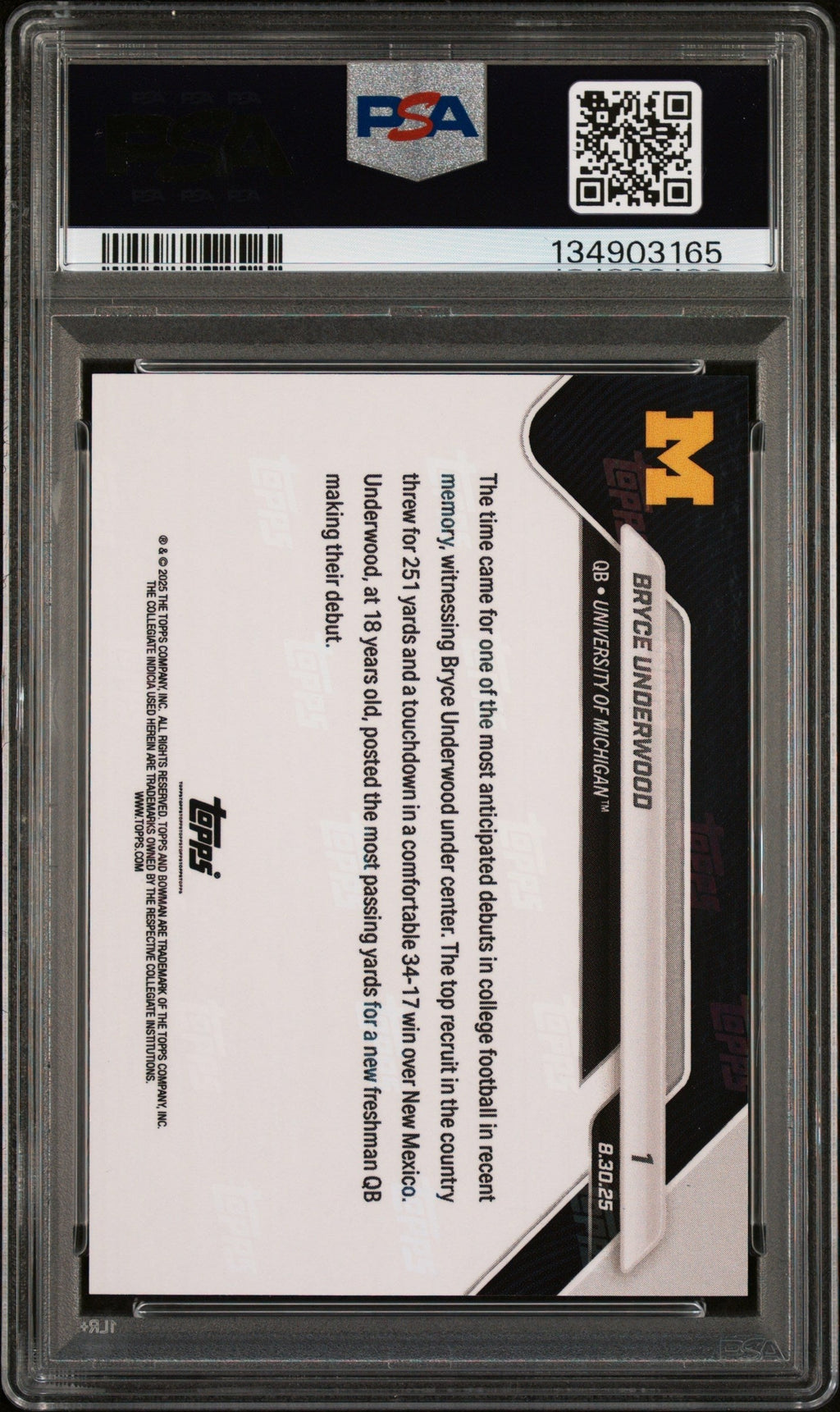 Graded 2025 Topps Bowman U Now Bryce Underwood #1 Orange Foil /25 Rookie RC Football Card PSA 10 Gem Mint