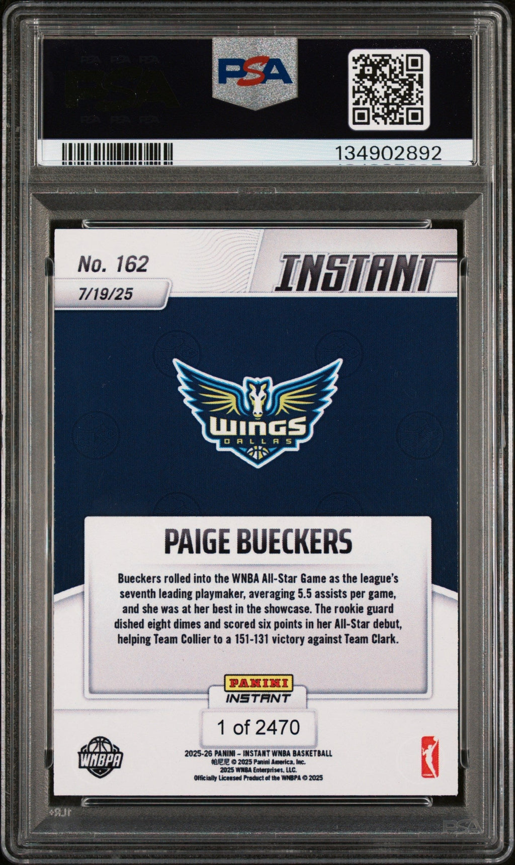 Graded 2025 Panini Instant Paige Bueckers #162 Rookie RC Basketball Card PSA 10 Gem Mint