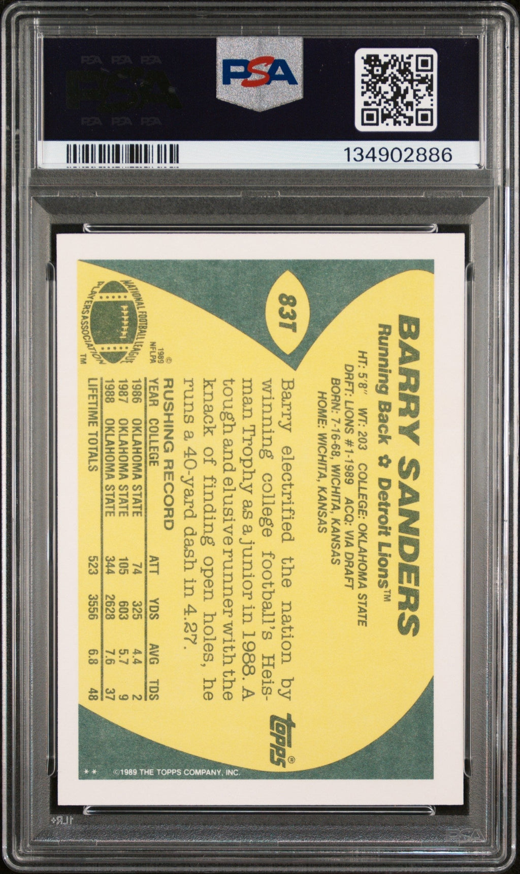 Graded 1989 Topps Traded Barry Sanders #83T Rookie RC Football Card PSA 8 Near Mint