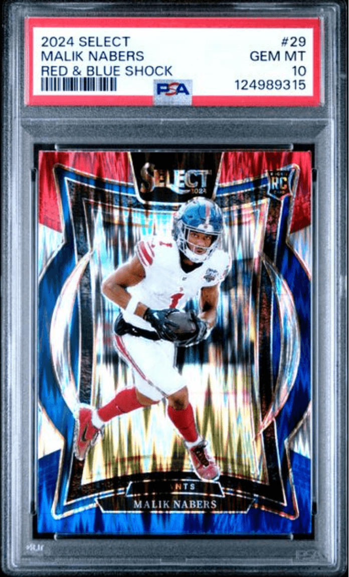 Graded 2024 Panini Select Malik Nabers #29 Red & Blue Shock Rookie RC Football Card PSA 10 Gem Mint