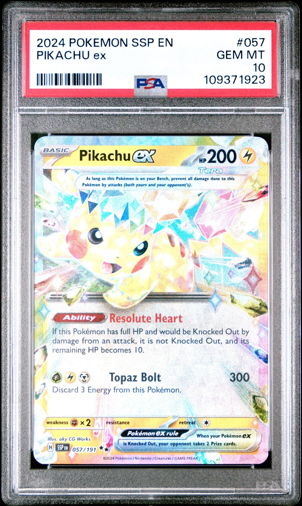 Graded 2024 PKM Ssp En-Surging Sparks #057 Pikachu Ex Trading Card Game PSA 10 Gem Mint
