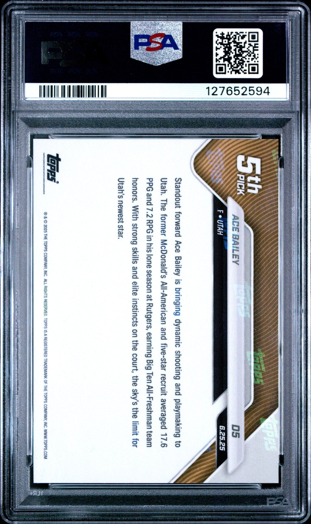 Graded 2025 Topps Now Ace Bailey #D5 Draft Rookie RC Basketball Card PSA 10 Gem Mint