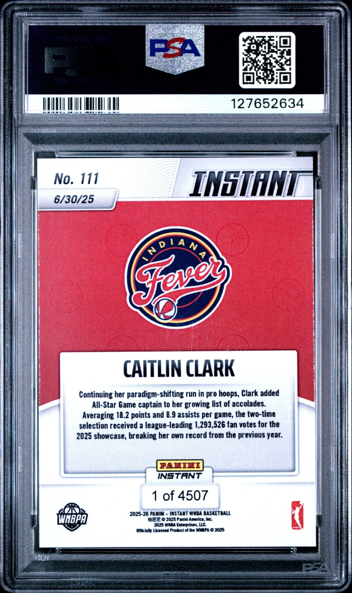 Graded 2025 Panini Instant WNBA Caitlin Clark #111 Basketball Card PSA 10 Gem Mint