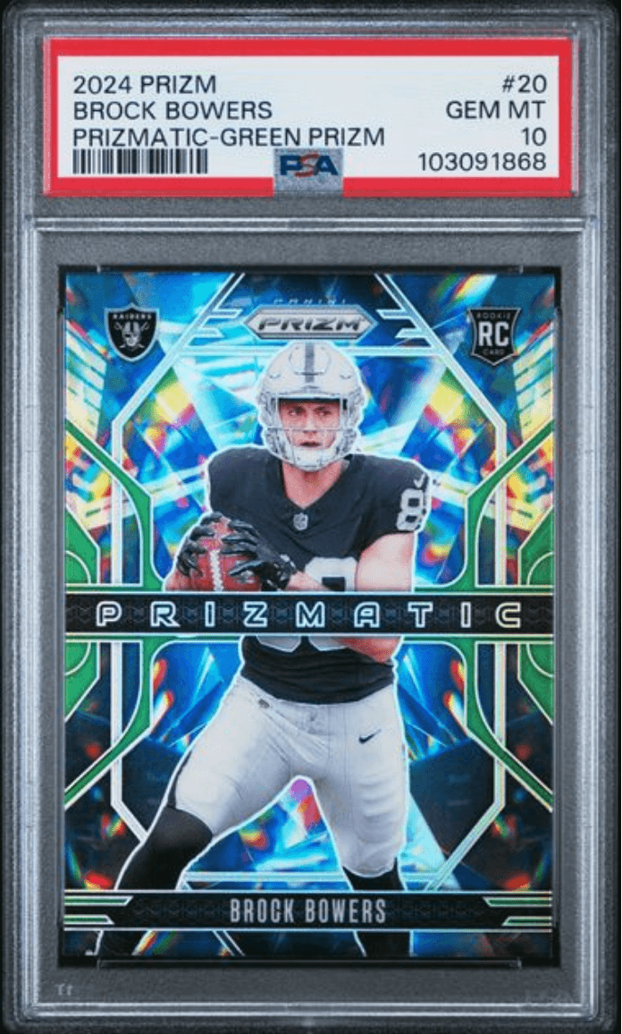 Graded 2024 Panini Prizm Brock Bowers #20 Prizmatic Green Prizm Rookie RC Football Card PSA 10 Gem Mint