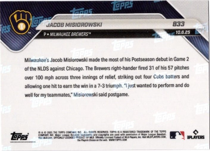 2025 Topps Now Jacob Misiorowski #833 Orange Foil /25 Milwaukee Brewers Rookie RC Baseball Card