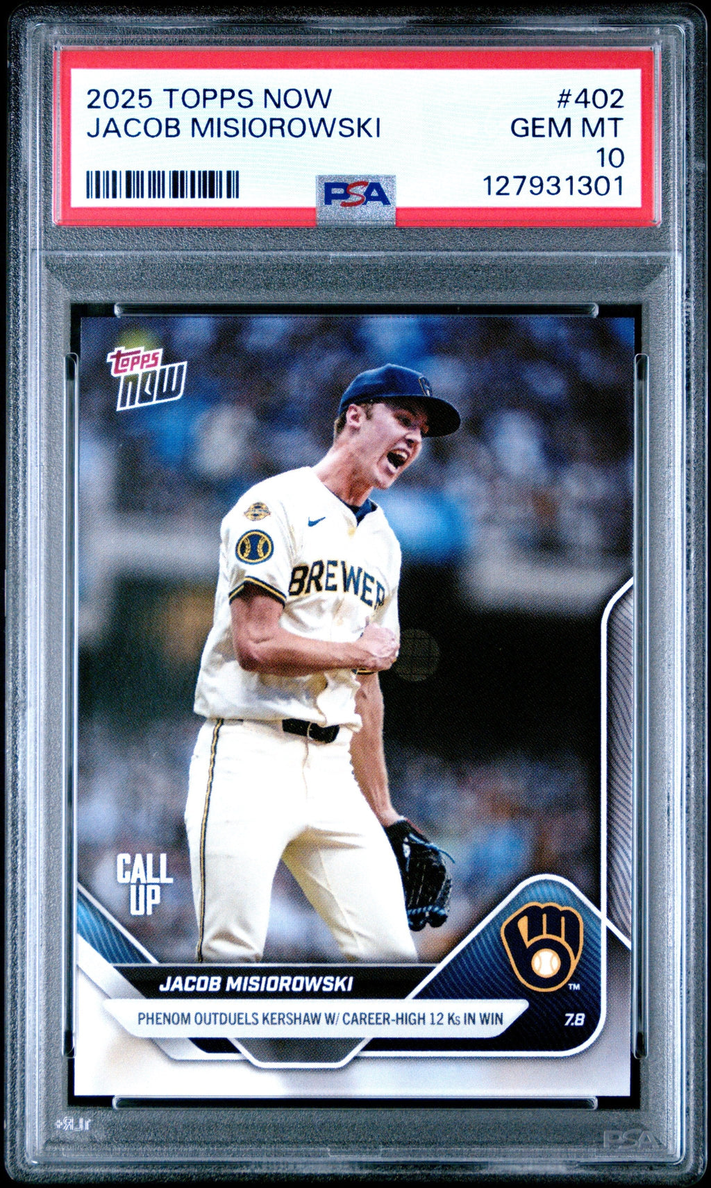 Graded 2025 Topps Now Jacob Misiorowski #402 Phenom Outduels Kershaw with Career High 12Ks in Win Rookie RC Baseball Card PSA 10 Gem Mint