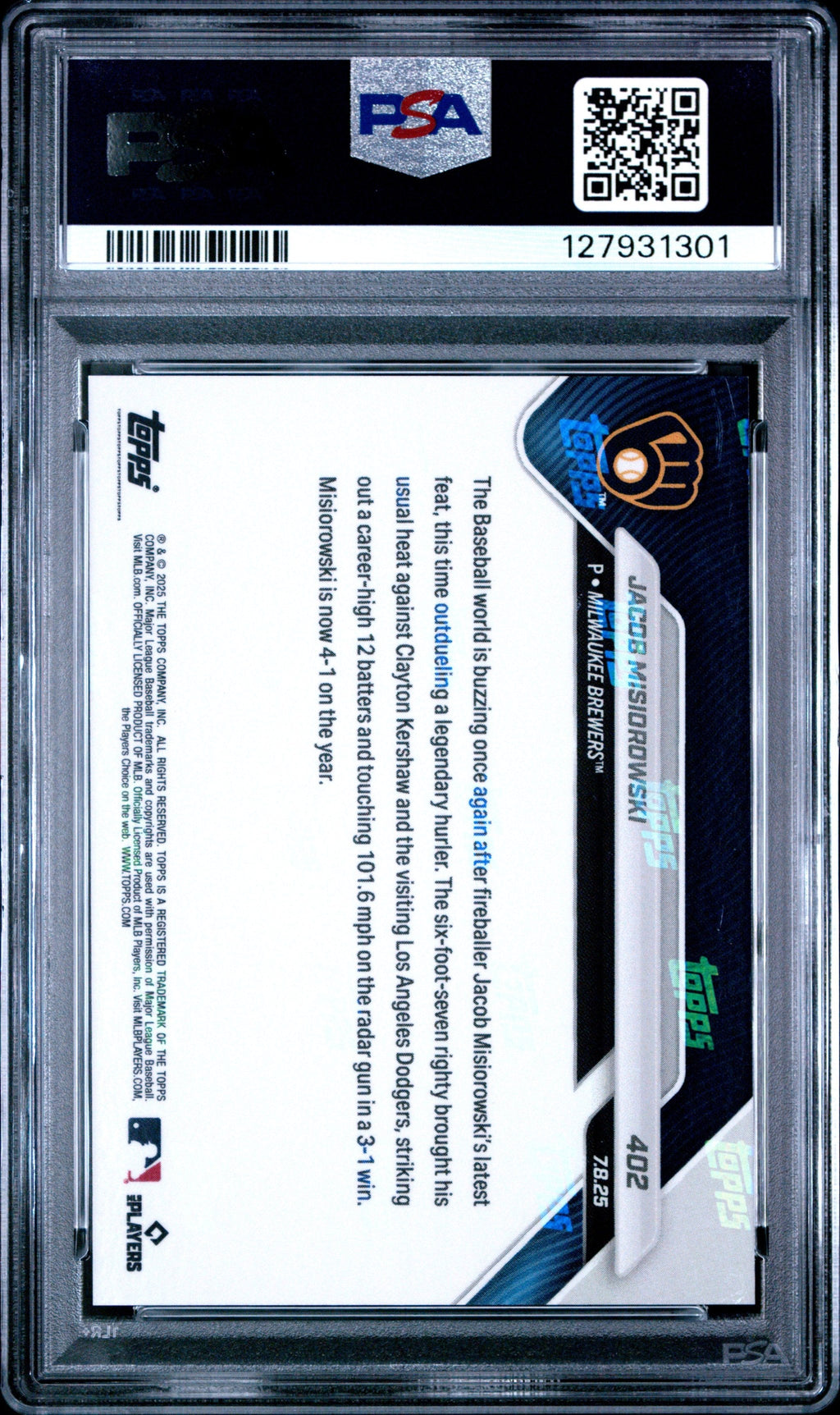 Graded 2025 Topps Now Jacob Misiorowski #402 Phenom Outduels Kershaw with Career High 12Ks in Win Rookie RC Baseball Card PSA 10 Gem Mint
