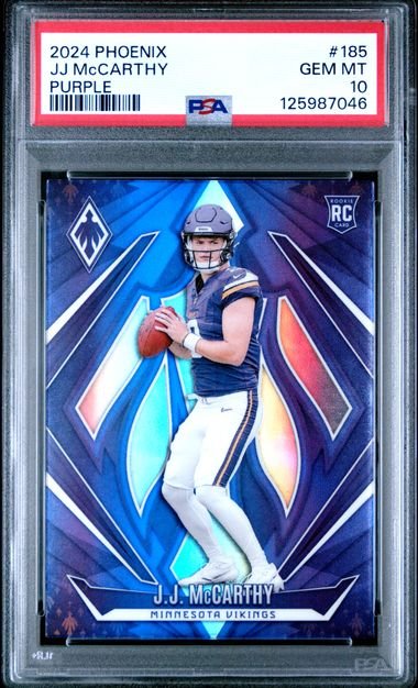 Graded 2024 Panini Phoenix Purple JJ McCarthy #185 Rookie RC Football Card PSA 10 Gem Mint