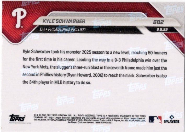 2025 Topps Now Kyle Schwarber #682 Orange Foil /25 Philadelphia Phillies Baseball Card