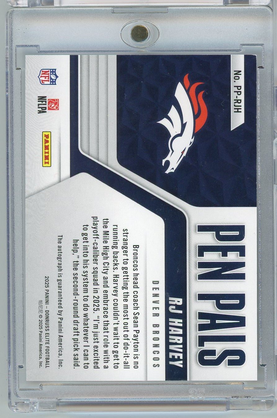 2025 Donruss Elite Pen Pals RJ Harvey #PPRJH Auto Rookie RC Football Card