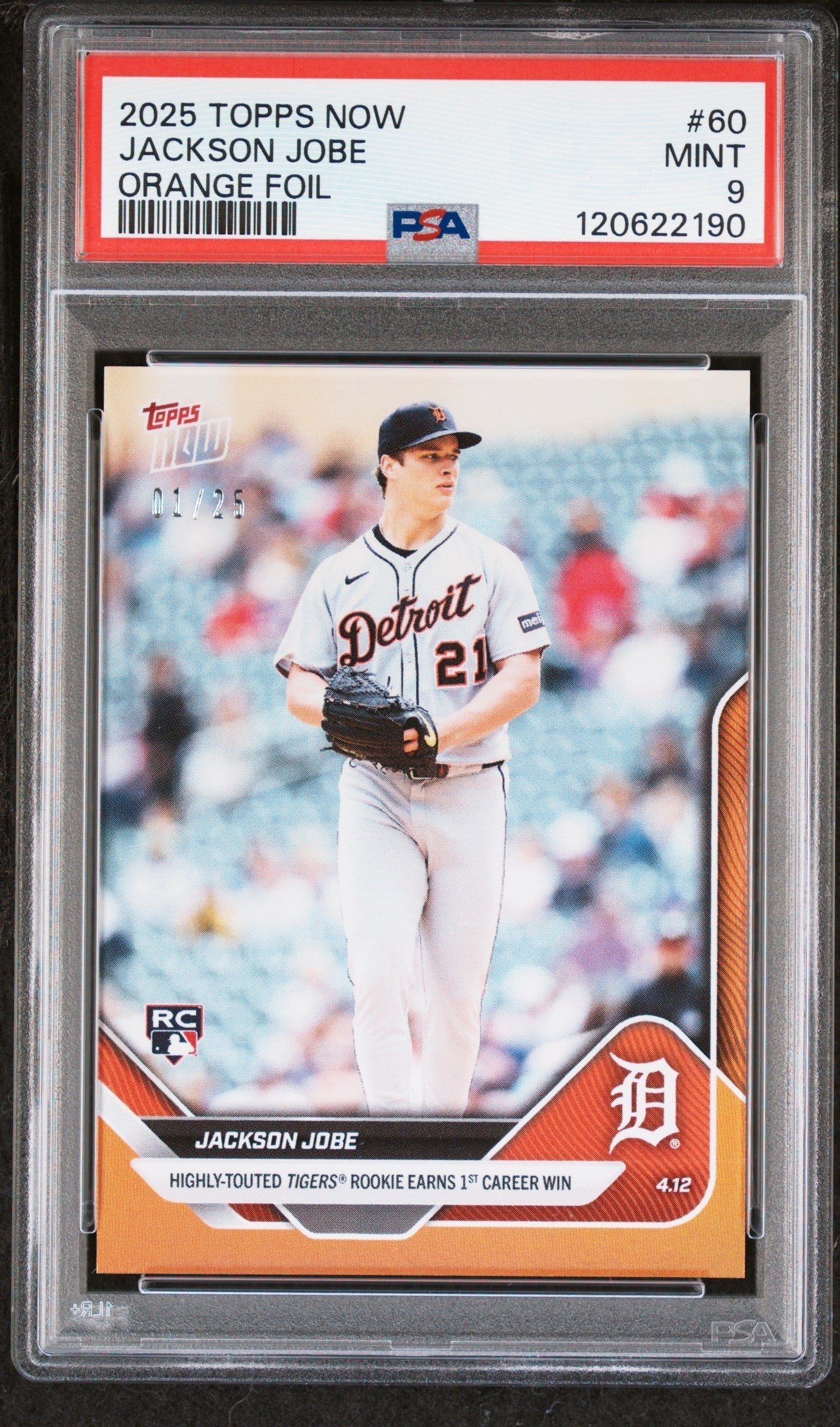 Graded 2025 Topps Now Jackson Jobe #60 Orange Foil /25 Rookie RC Baseball Card PSA 9 Mint