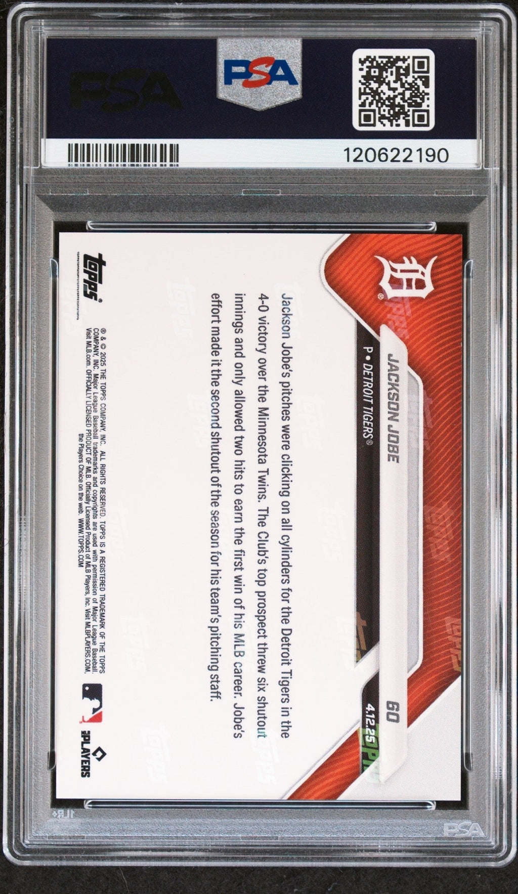 Graded 2025 Topps Now Jackson Jobe #60 Orange Foil /25 Rookie RC Baseball Card PSA 9 Mint
