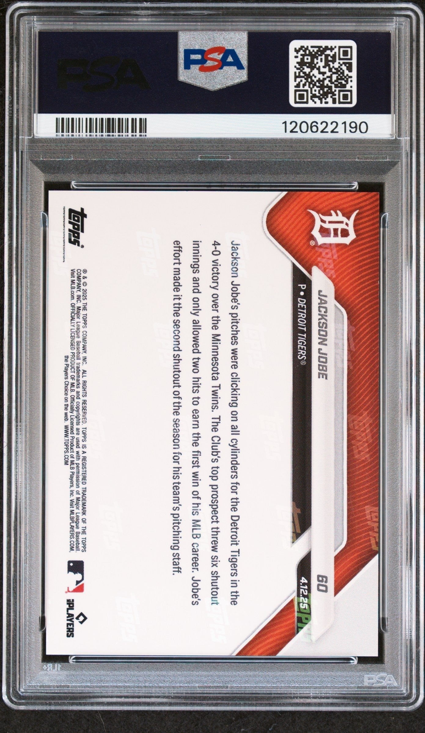 Graded 2025 Topps Now Jackson Jobe #60 Orange Foil /25 Rookie RC Baseball Card PSA 9 Mint