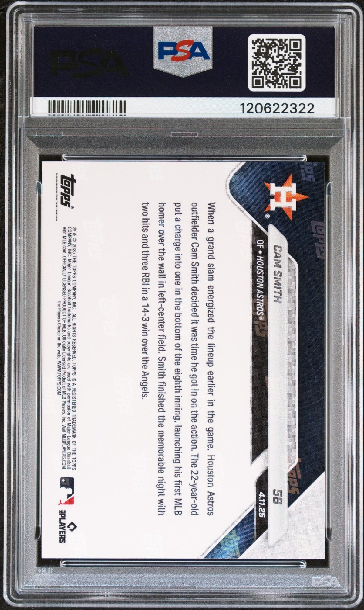Graded 2025 Topps Now Cam Smith #58 Rookie RC Baseball Card PSA 8 Near Mint