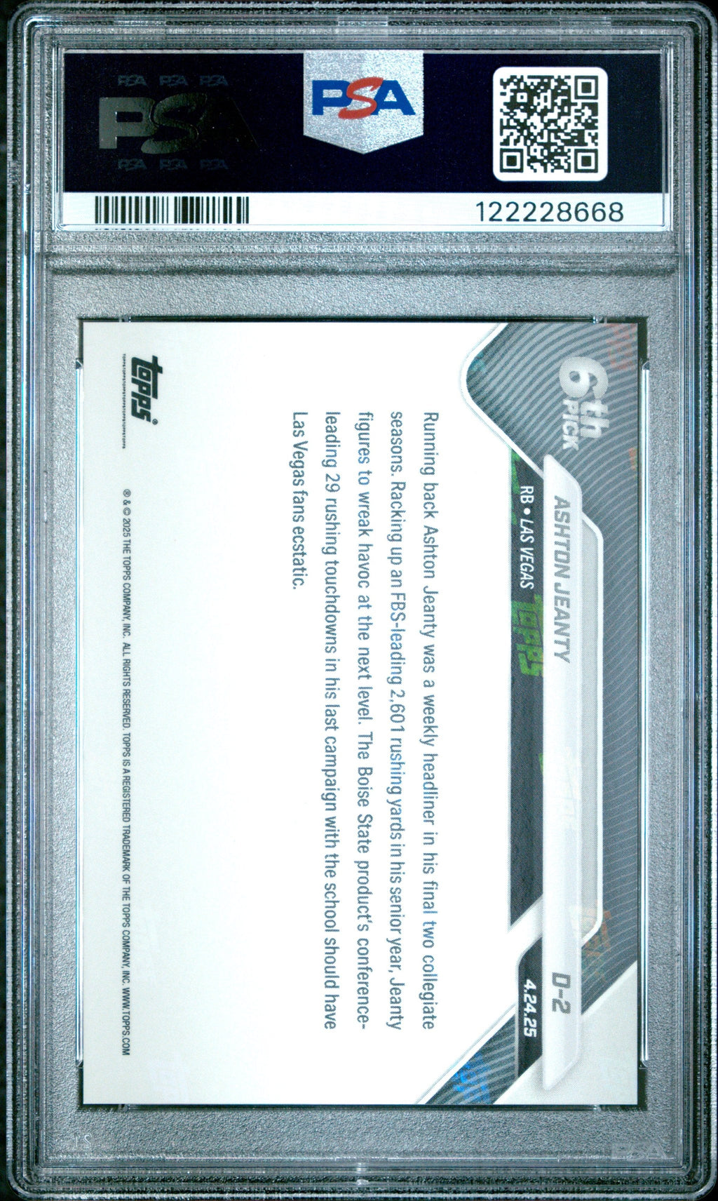 Graded 2025 Topps Now Ashton Jeanty #D2 Rookie RC Football Card PSA 9 Mint