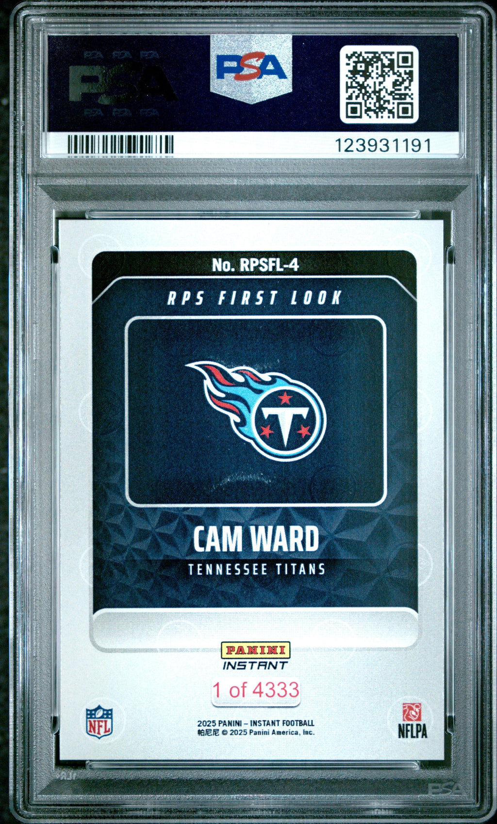 Graded 2025 Panini Instant Cam Ward #RPSFL4 RPS First Look Rookie RC Football Card PSA 9 Mint