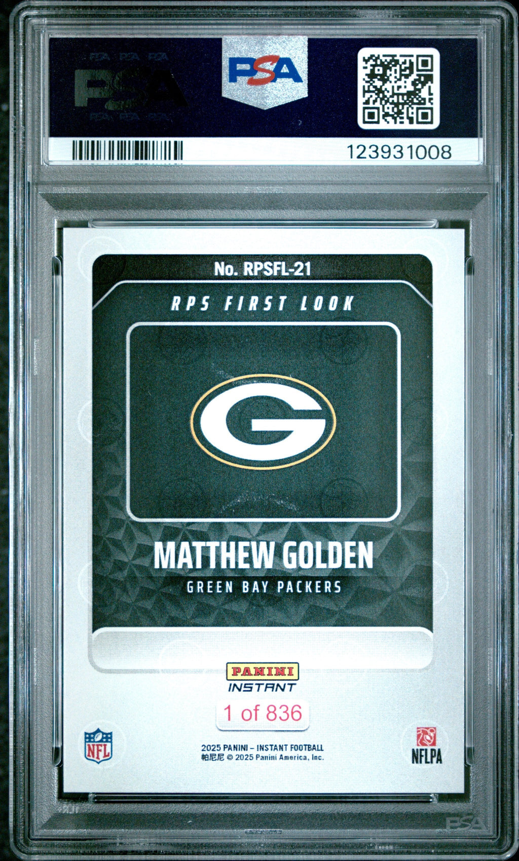Graded 2025 Panini Instant Matthew Golden #RPSFL21 RPS First Look Rookie RC Football Card PSA 10 Gem Mint