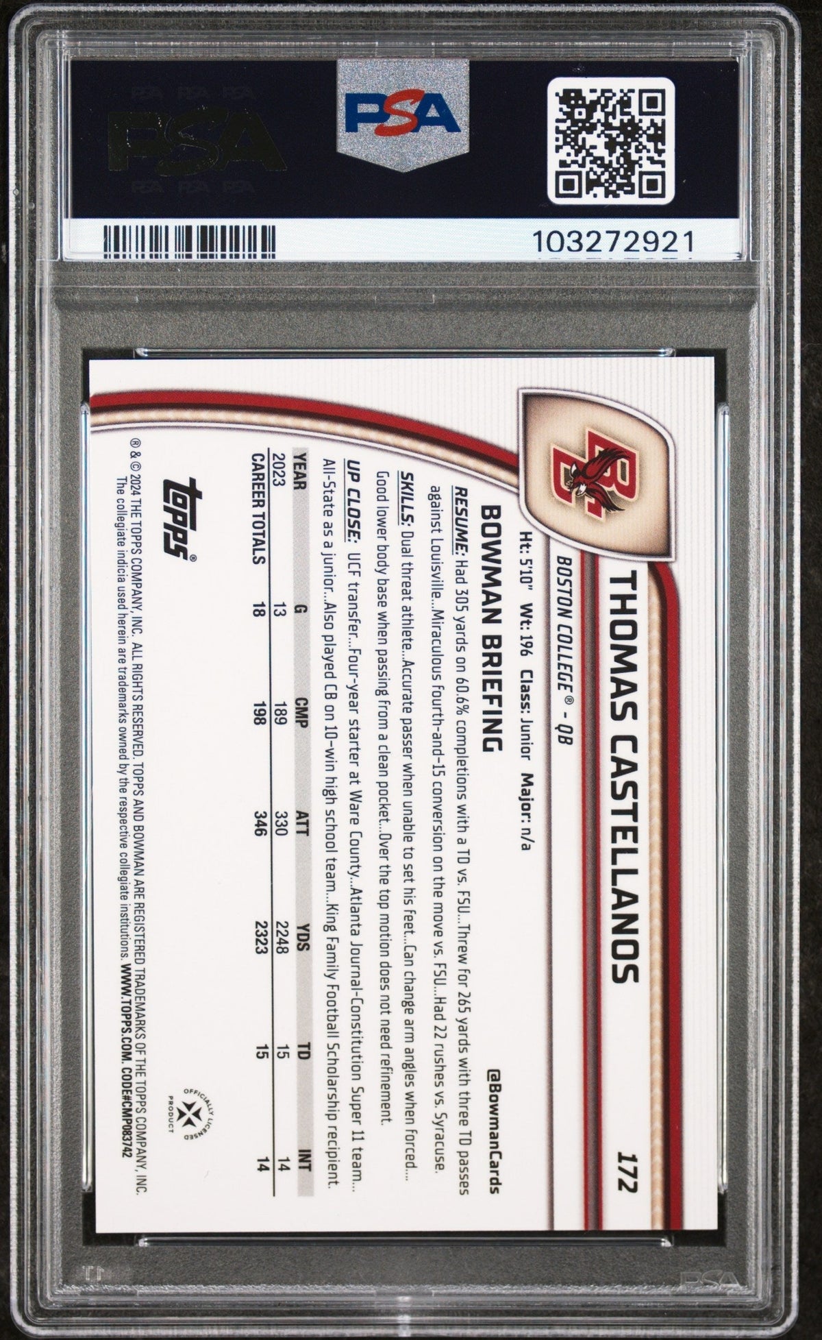 Graded 2024 Topps Bowman U Sapphire Thomas Castellanos #172 Orange Refractor /25 Rookie RC Football Card PSA 10 Gem Mint