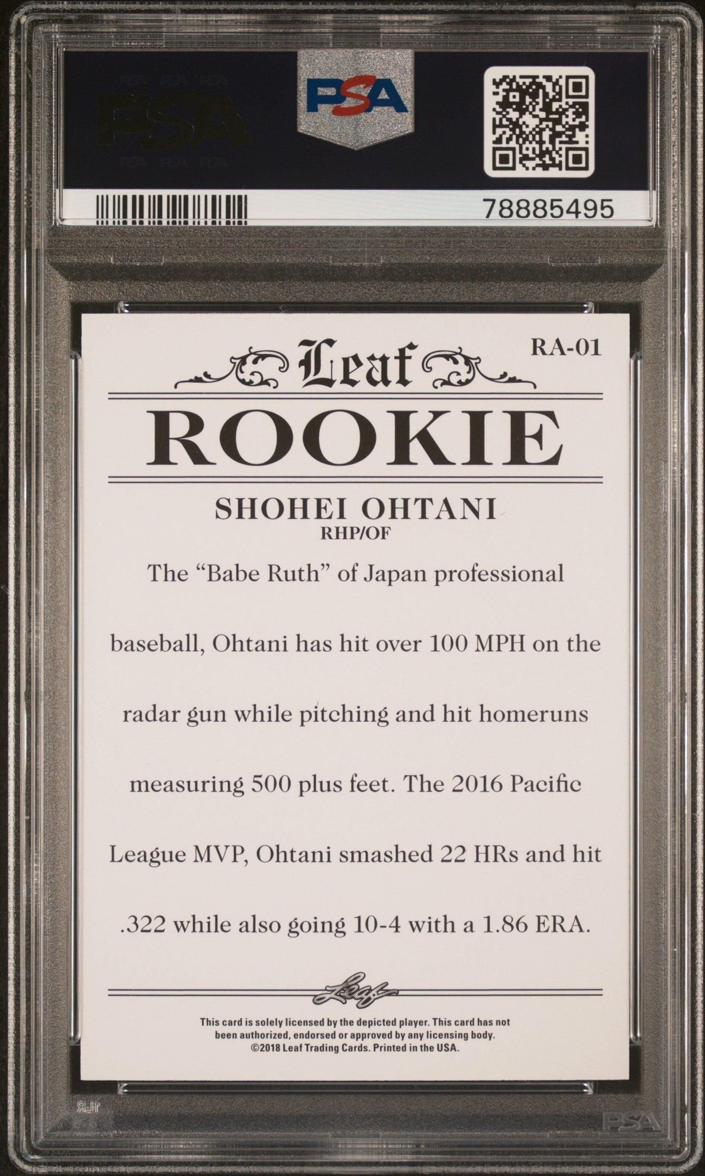 Graded 2018 Leaf Rookie Shohei Ohtani #RA01 Achievement Rookie RC Baseball Card PSA 10 Gem Mint