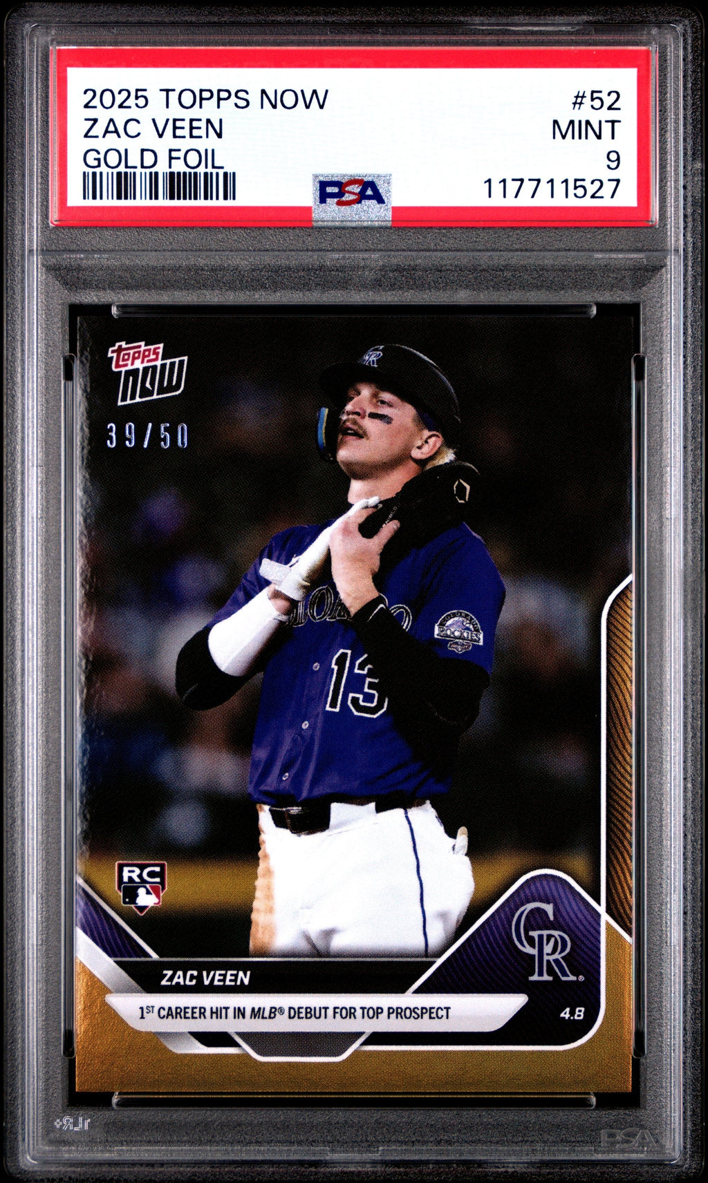 Graded 2025 Topps Now Zac Veen #52 Gold Foil /50 Rookie RC Baseball Card PSA 9 Mint