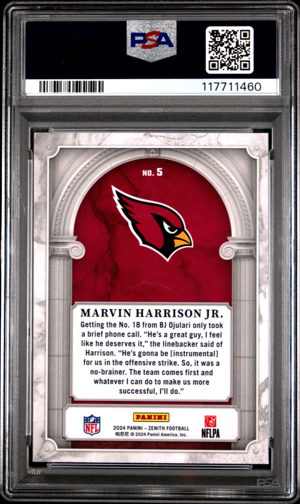 Graded 2024 Panini Zenith Marvin Harrison Jr #5 Z Marquee Rookie RC Football Card PSA 10 Gem Mint